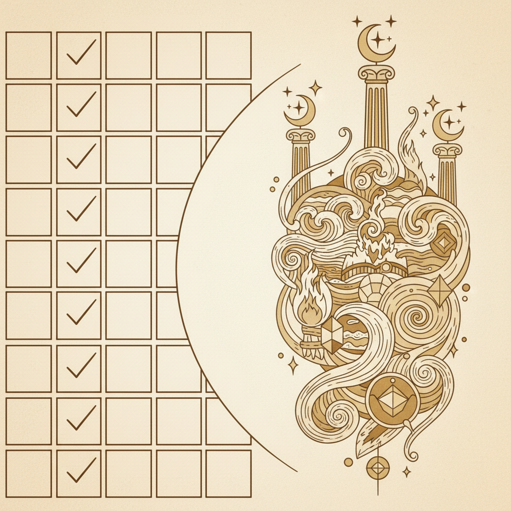 Illustration contrasting MBTI's questionnaire approach with Saju's birth-chart cosmology